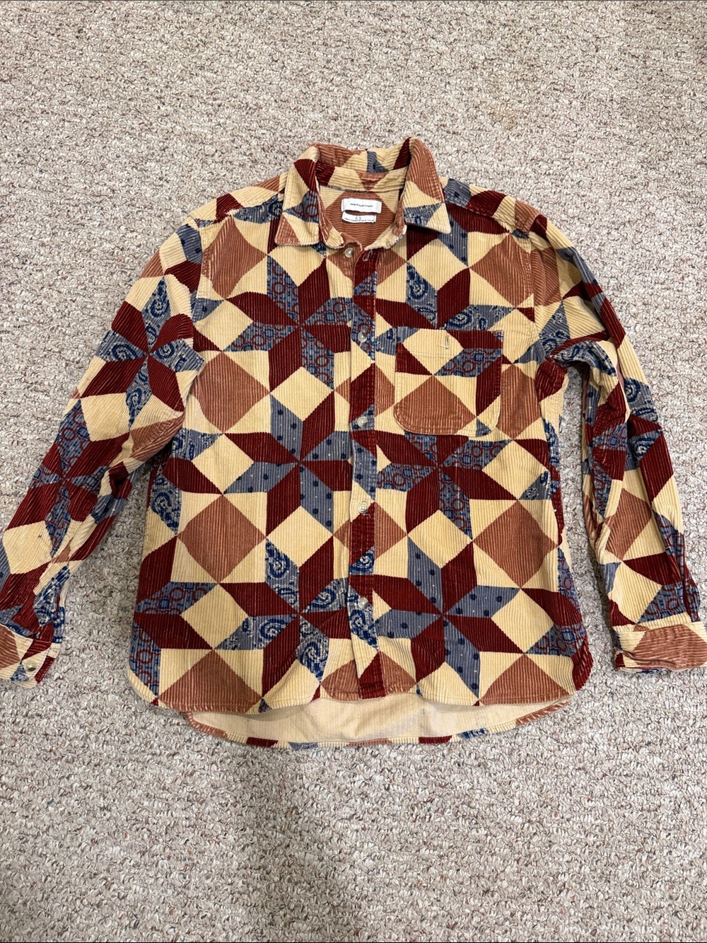 Men's Geometric Corduroy Button-Up Shirt in Mustard/Burgundy